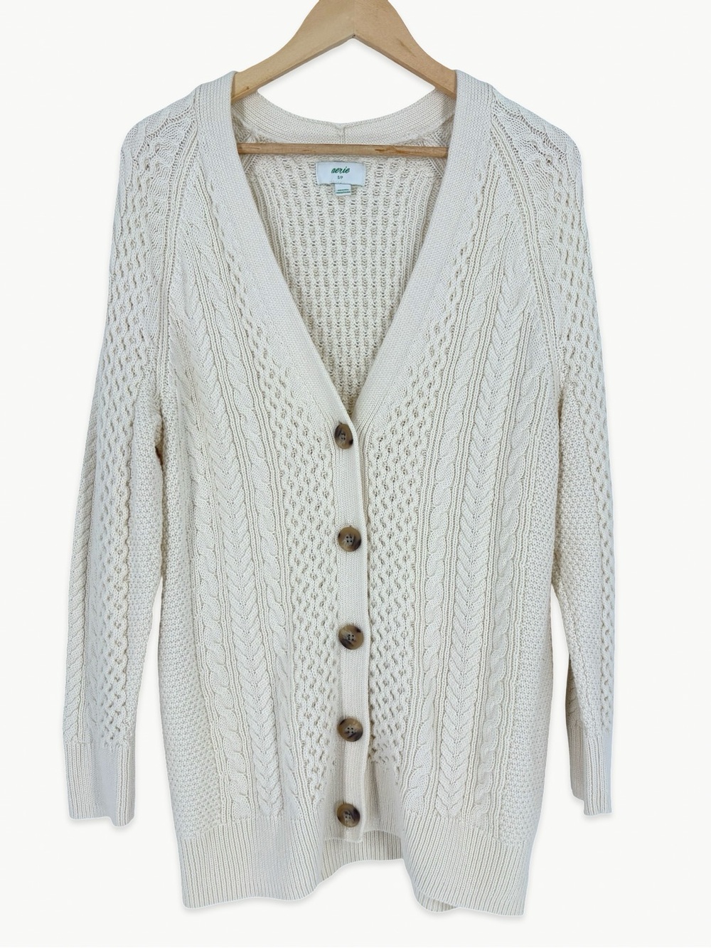 Aerie Oversized Cable Knit Button Cardigan Size Small in Natural 100% Cotton